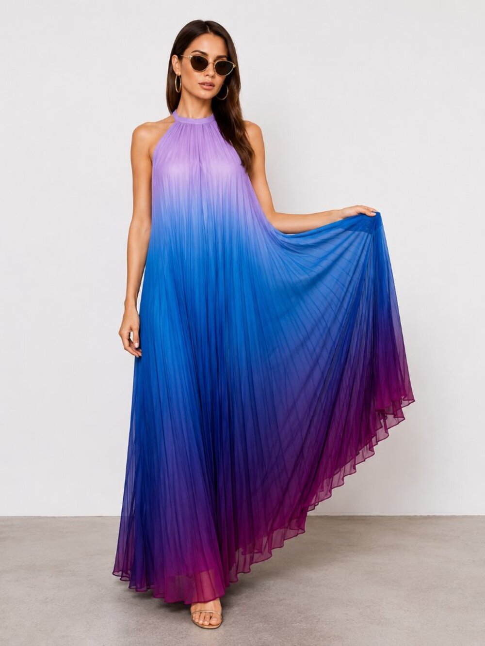 Blue Purple Ombre Halter Maxi Dress Pleated Vacation NWT